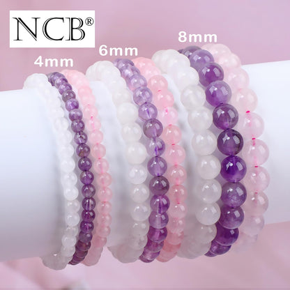 3-Piece 6Mm Natural Crystal Gemstone Stretch Bracelets – ﻿Amethyst, Pink Quartz, White Jade Handmade Reiki Energy Healing Jewelry for Meditation,Yoga, Unisex