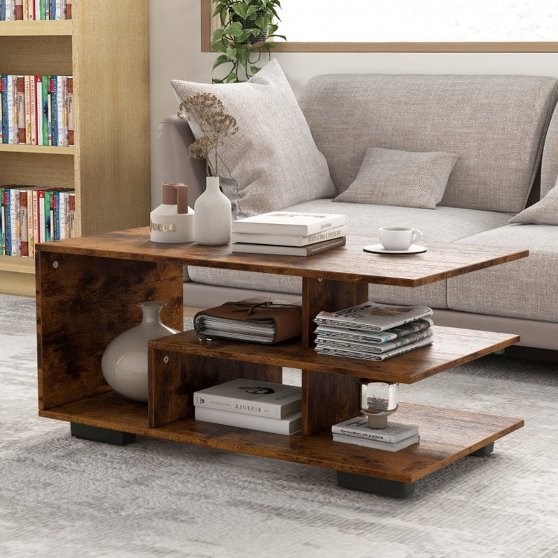 Rectangular Coffee Table Featuring L-Shaped Center Shelf