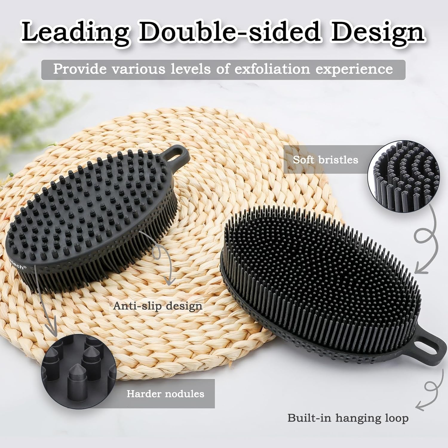 Dual-Sided Silicone Shower Body Wash Scrubber for Gentle Exfoliation and Cleansing, More Hygienic and Durable than Loofah, Black