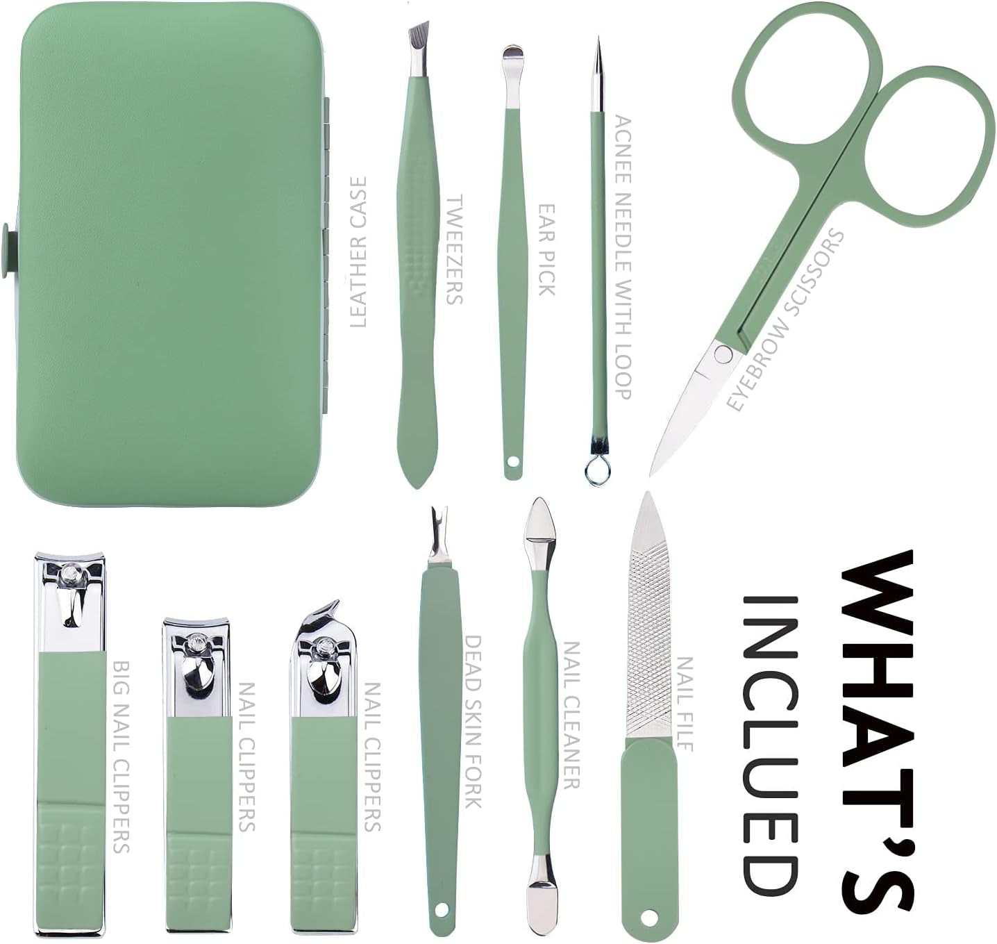 10-Piece Stainless Steel Manicure Set with Leather Case - Portable Nail Clippers and Pedicure Tools for Men and Women (Jade Green)