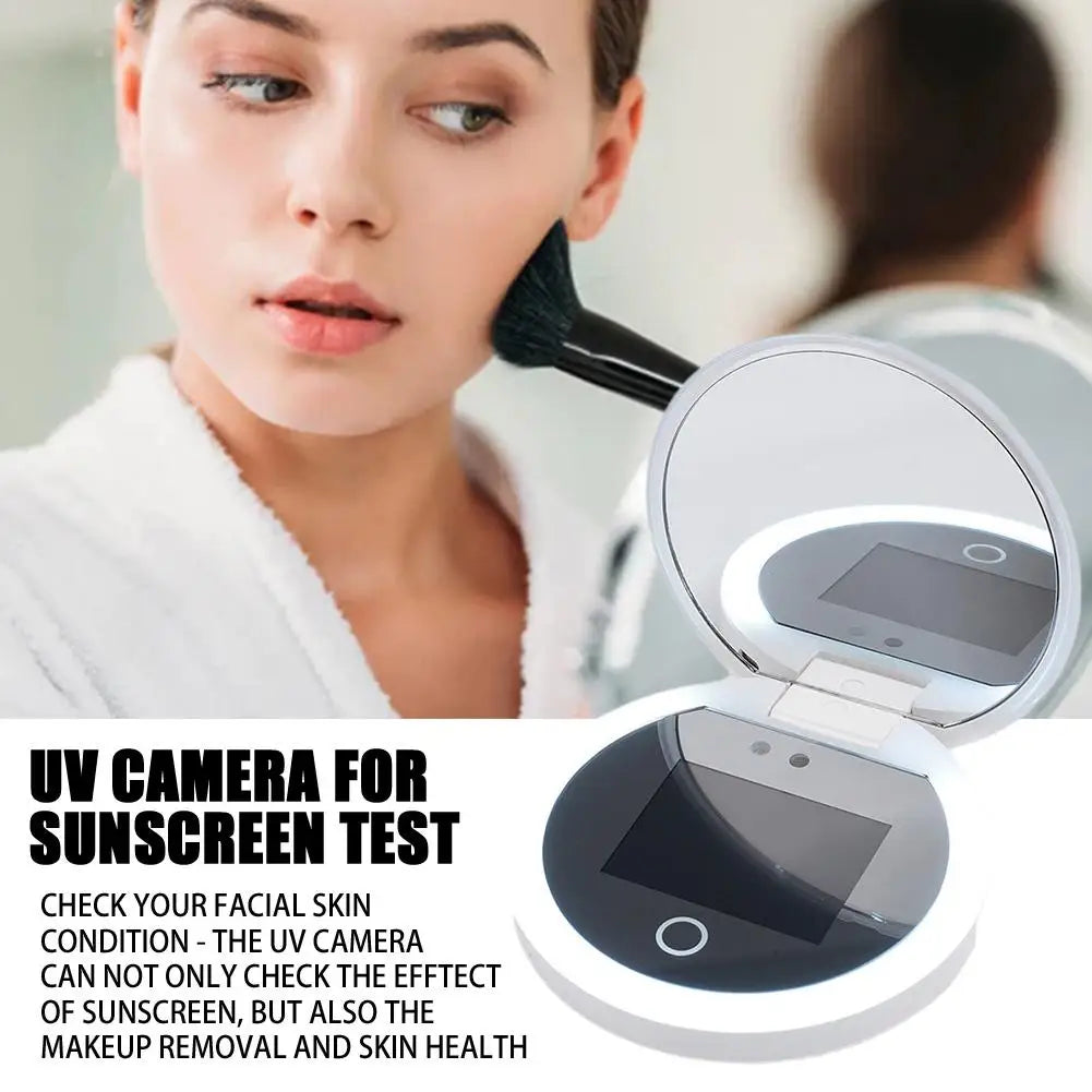 Travel Compact UV Mirror with LED Lights – 2X Magnifying Portable Sunscreen Checker