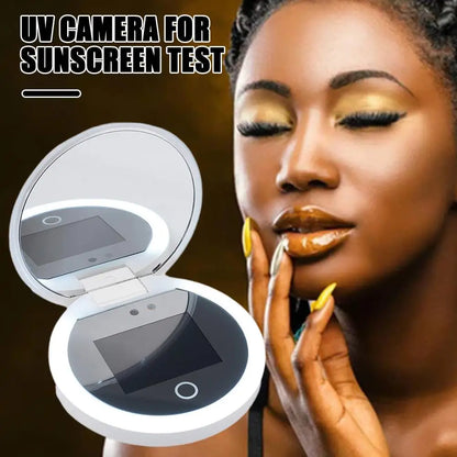 Travel Compact UV Mirror with LED Lights – 2X Magnifying Portable Sunscreen Checker