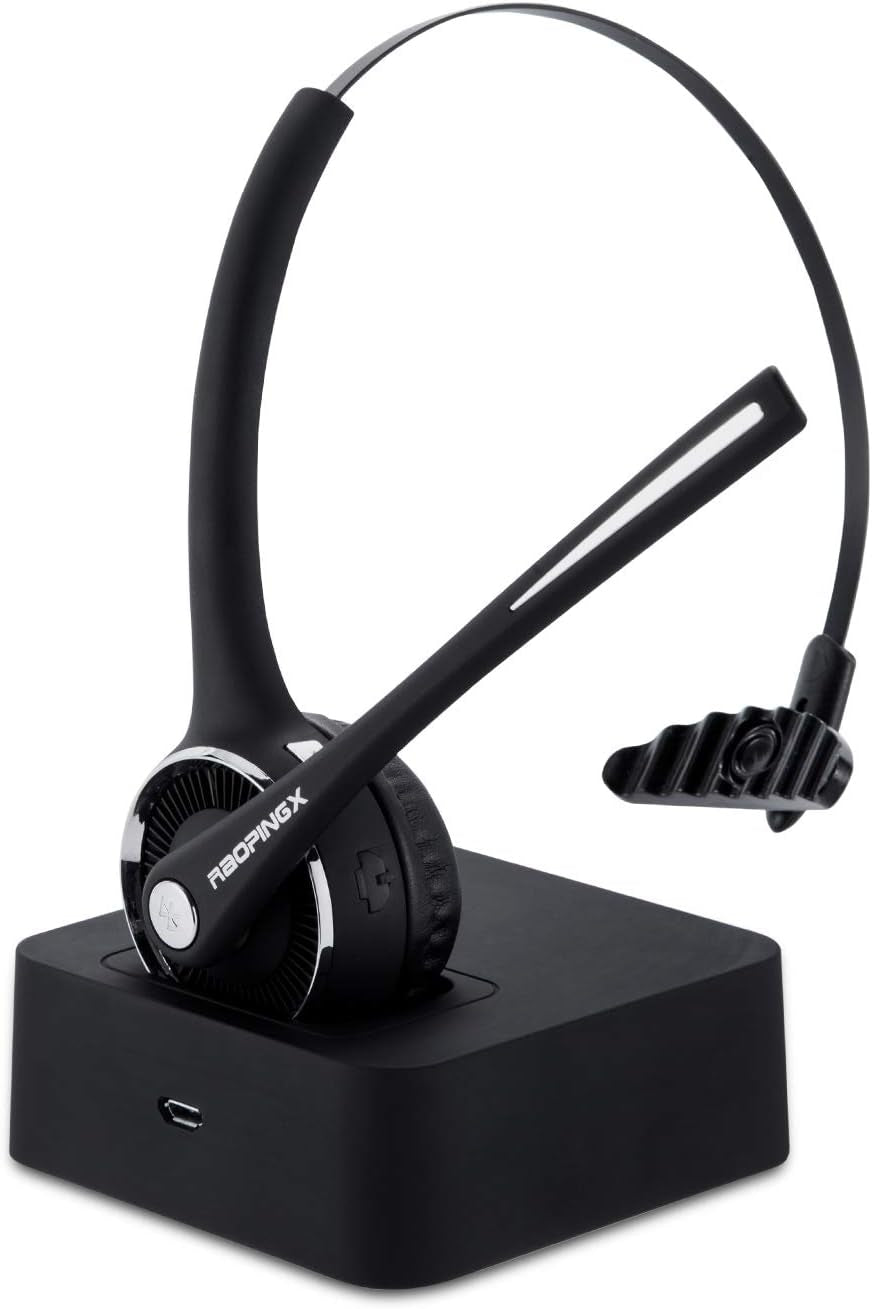 Trucker Bluetooth Headset Wireless Headset with Microphone over the Head Headset with Noise Cancelling Sound on Ear Car Earphones Office Earpiece for Cell Phone Skype Call Center Bluetooth V5.0