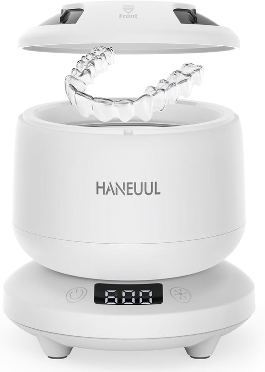 2025 Ultrasonic Retainer Cleaner for Dentures & Aligner, Durable Removable Base and Top Cover, Denture Cleaner Machine with 4 Modes for Mouth Guards, Jewelry, Rings, Etc (White)