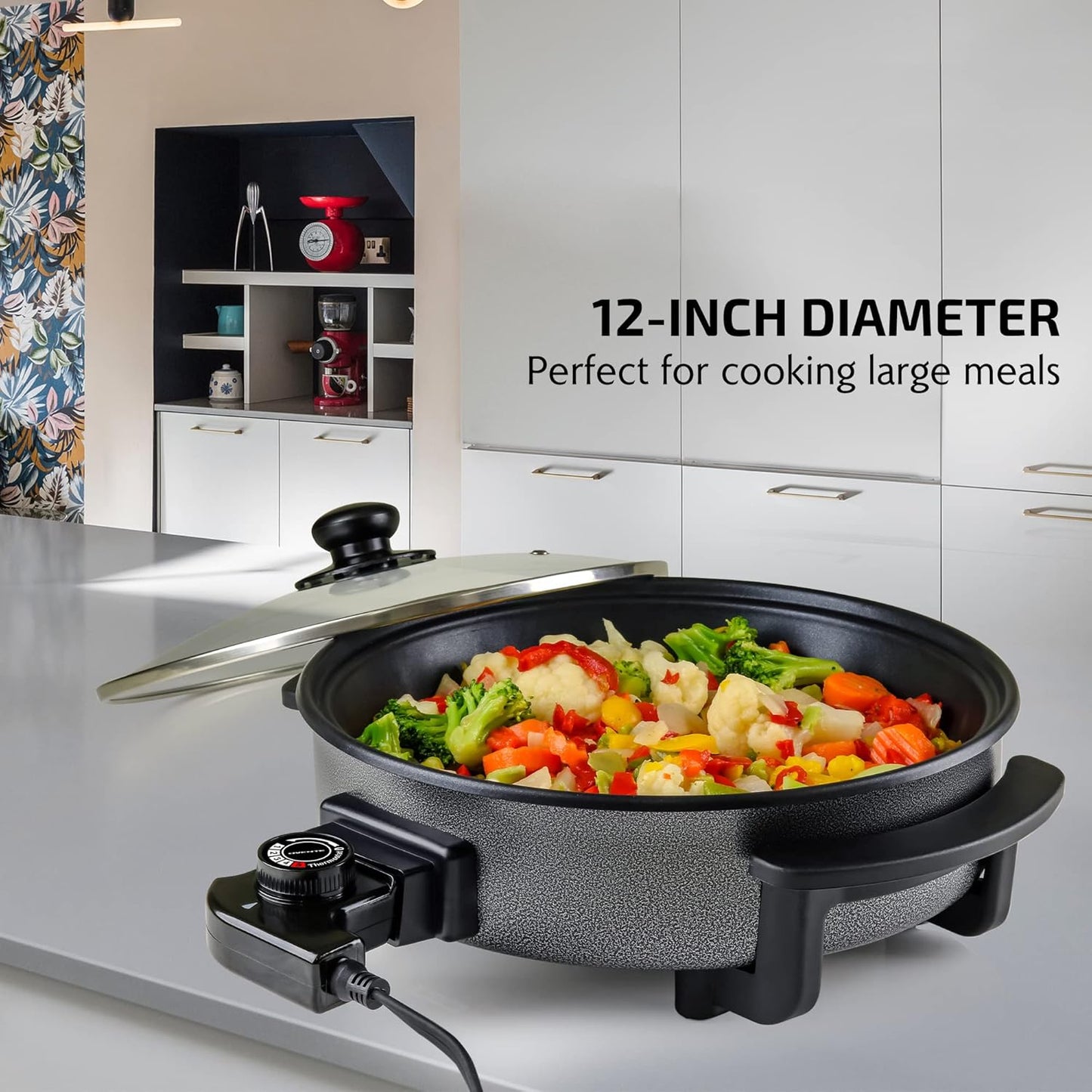 12 Inch Electric Skillet and Frying Pan with Nonstick Coating, 1400W Power, Adjustable Temperature Control, Tempered Glass Lid with Vent and Cool Touch Handles, Black SK11112B