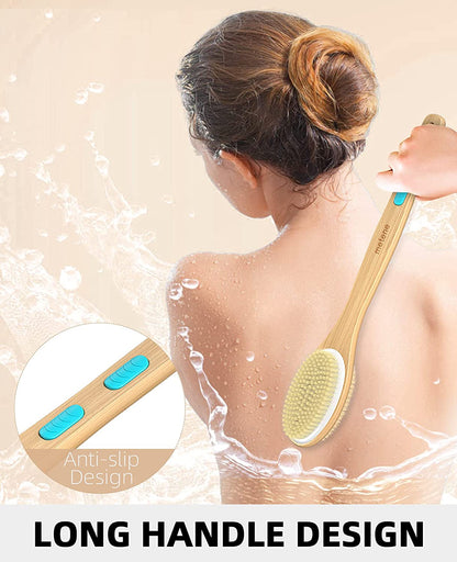 Dual-Sided Shower Brush with Soft and Stiff Bristles, Long Handle Back Scrubber and Body Exfoliator for Wet or Dry Use