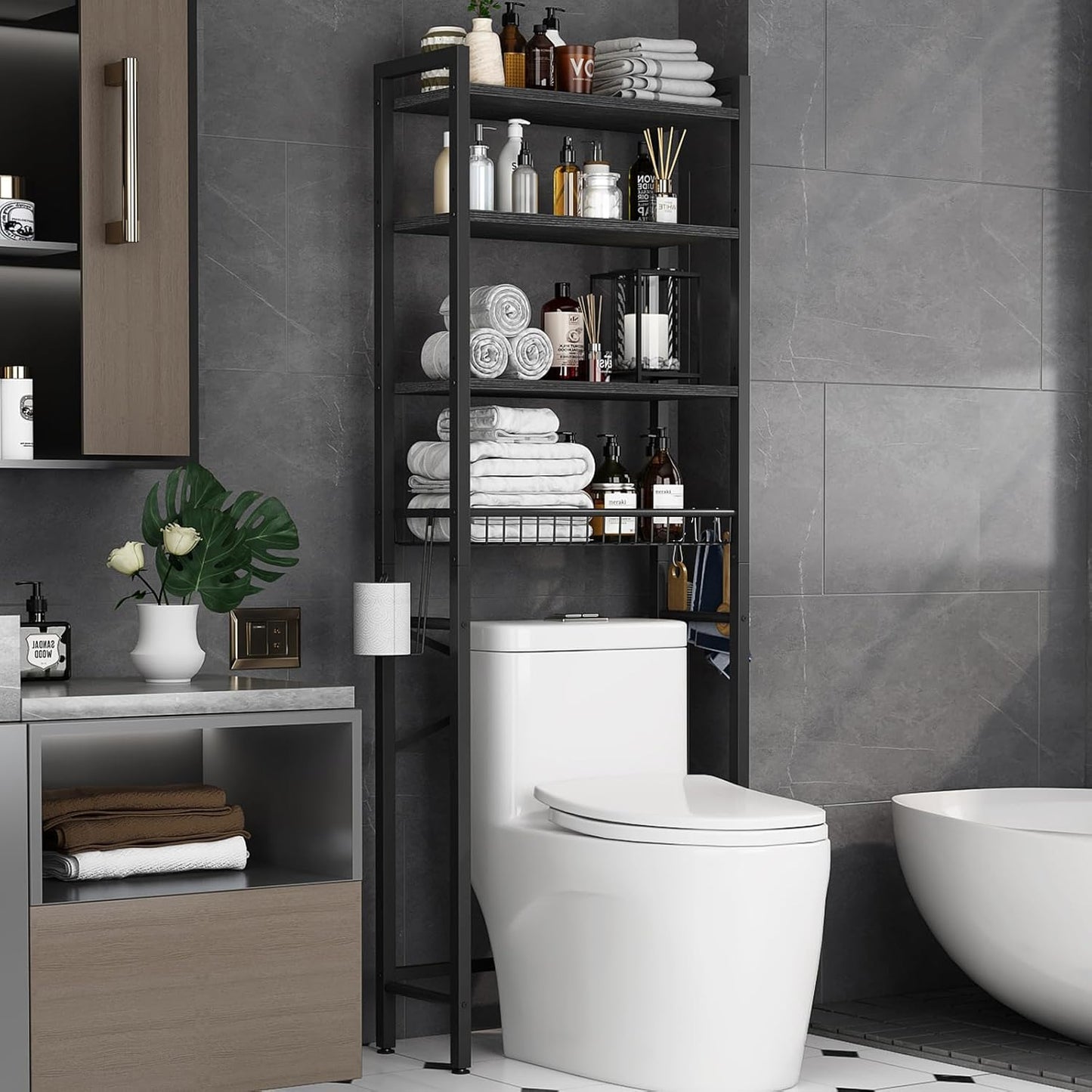 Over-The-Toilet Storage Rack, 4-Tier Bathroom Organizer Shelf over Toilet with Adjustable Shelf and Basket, Freestanding Space Saver Bathroom Shelves above Toilet for Room(Pure Black)