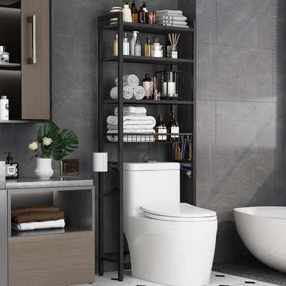Over-The-Toilet Storage Rack, 4-Tier Bathroom Organizer Shelf over Toilet with Adjustable Shelf and Basket, Freestanding Space Saver Bathroom Shelves above Toilet for Room(Pure Black)