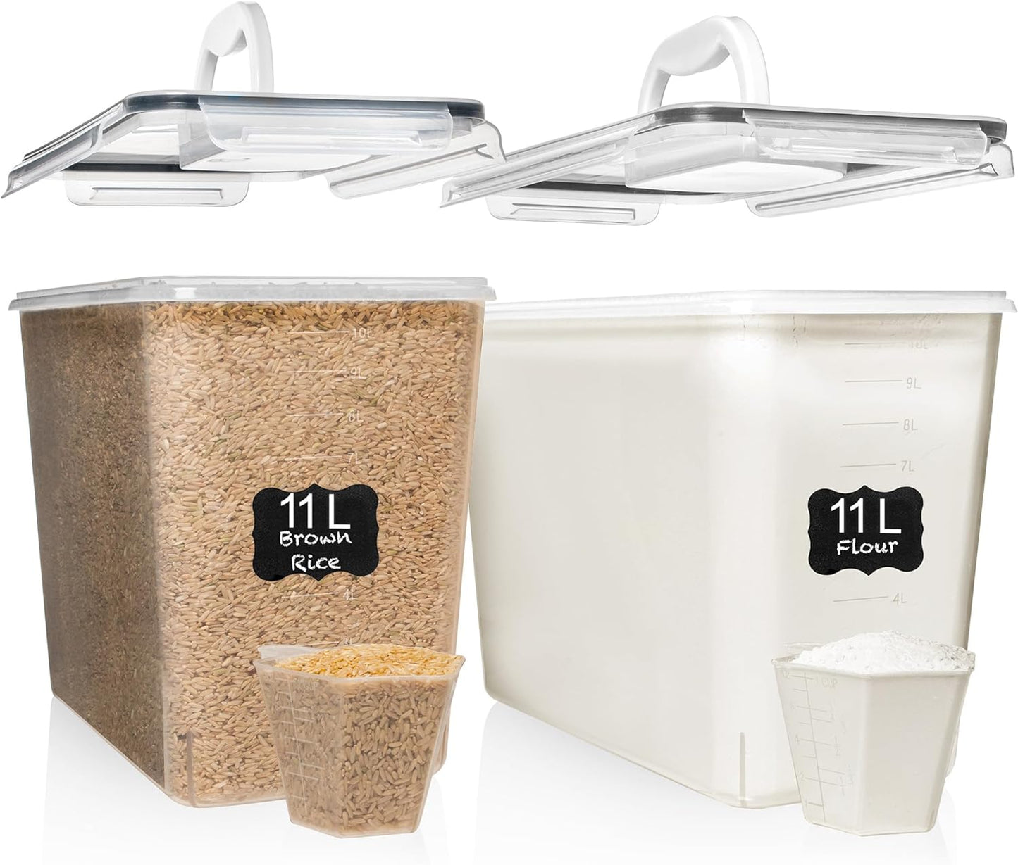 2 PC (11L | 372 Oz) Flour Sugar Storage Containers with Easy Carry Handle - Plastic Extra Large Food Storage Containers with Lids, BPA Free Airtight Kitchen Canister Set for Rice, Cereal & Pasta