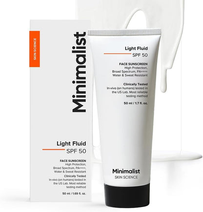 Lightweight, Water & Sweat Resistant Sunscreen for Oily Skin | Minimalist Light Fluid Sunscreen SPF 50 PA++++ | No White Cast | Broad Spectrum |  Unisex | 50Ml