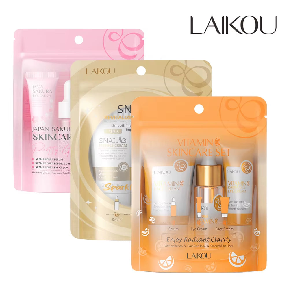 3Pcs/Set  Skin Care Set Vitamin C Sakura Snail Essence Serum & Eye Cream & Face Cream Moisturizer Travel Size Skincare Set