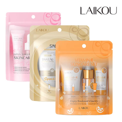 3Pcs/Set  Skin Care Set Vitamin C Sakura Snail Essence Serum & Eye Cream & Face Cream Moisturizer Travel Size Skincare Set