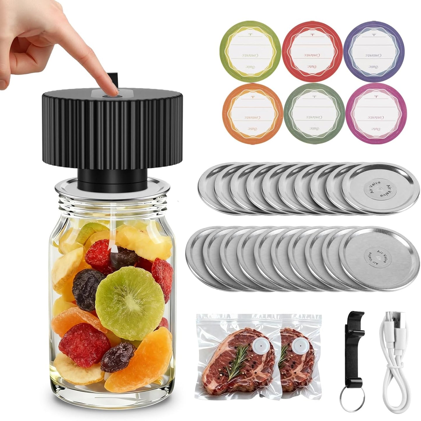 2025 Upgrade 3-In-1 Electric Mason Jar Vacuum Sealer Kit，One-Touch Electric Sealing， for Wide-Mouth Regular-Mouth Mason Jars, Portable Vacuum Sealer for Jars, Gifts for Mom, Grandma (Black)