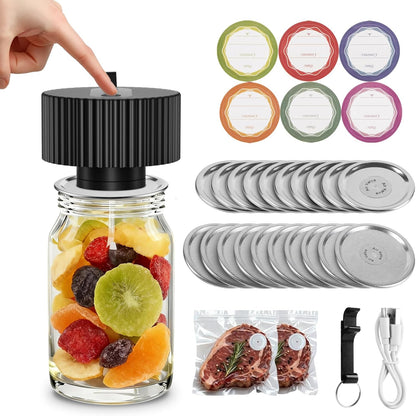 2025 Upgrade 3-In-1 Electric Mason Jar Vacuum Sealer Kit，One-Touch Electric Sealing， for Wide-Mouth Regular-Mouth Mason Jars, Portable Vacuum Sealer for Jars, Gifts for Mom, Grandma (Black)