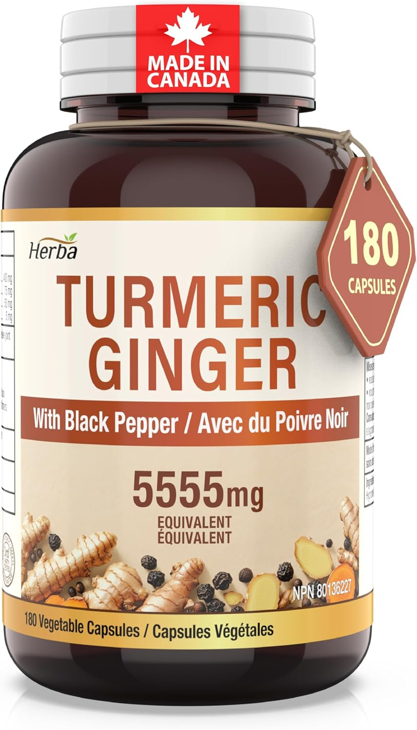 Turmeric Supplements for Inflammation with Black Pepper and Ginger - 180 Capsules | 5,555Mg Equiv. with 95% Turmeric Curcumin Supplements with Black Pepper | Joint Pain Relief | Made in Canada