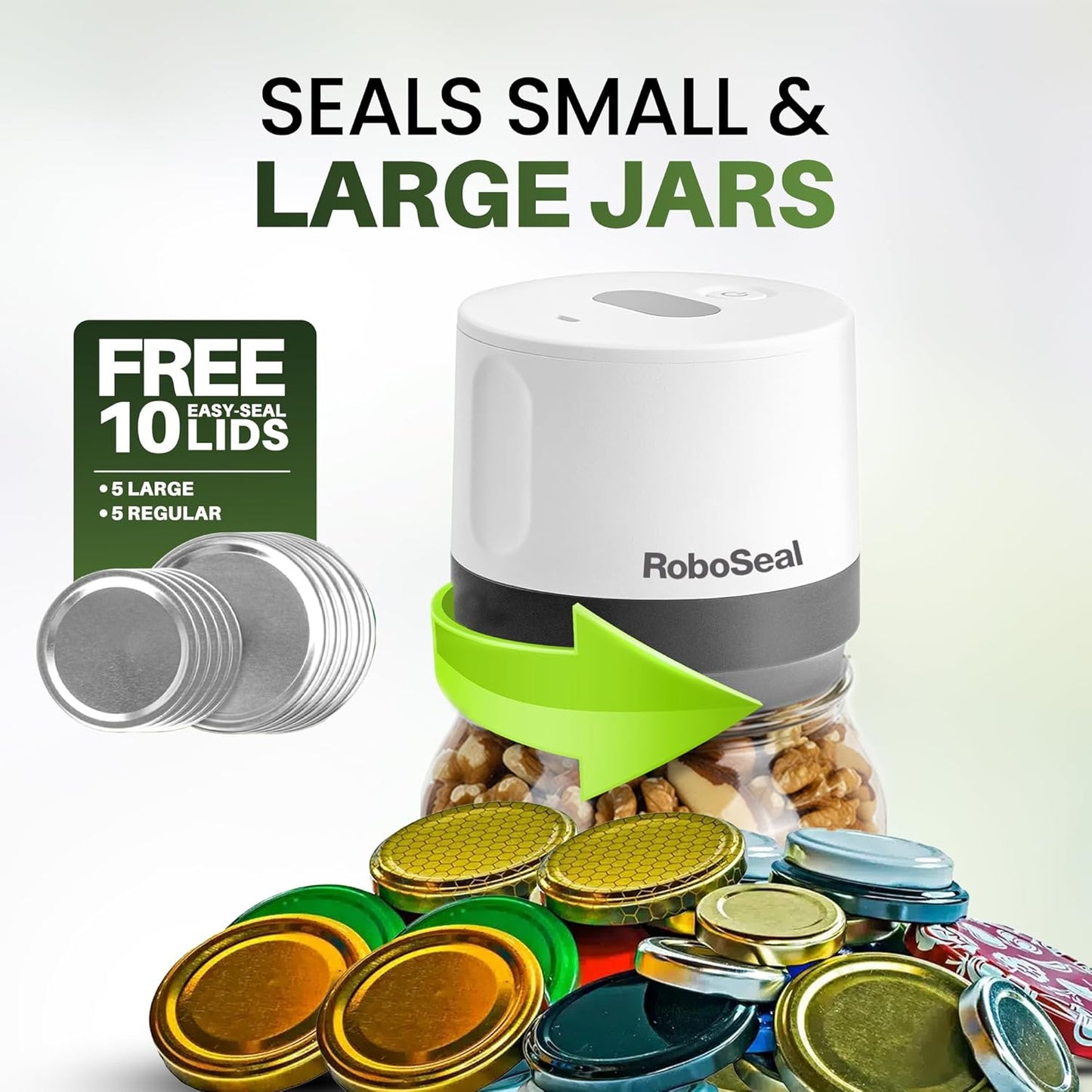 Roboseal Rechargeable Mason Jar Vacuum Sealer for Mason Jars Wide and Regular, One Touch Vacuum Sealer for Jars, 10 Lids Included, Digital Battery Indicator, as Seen on TV