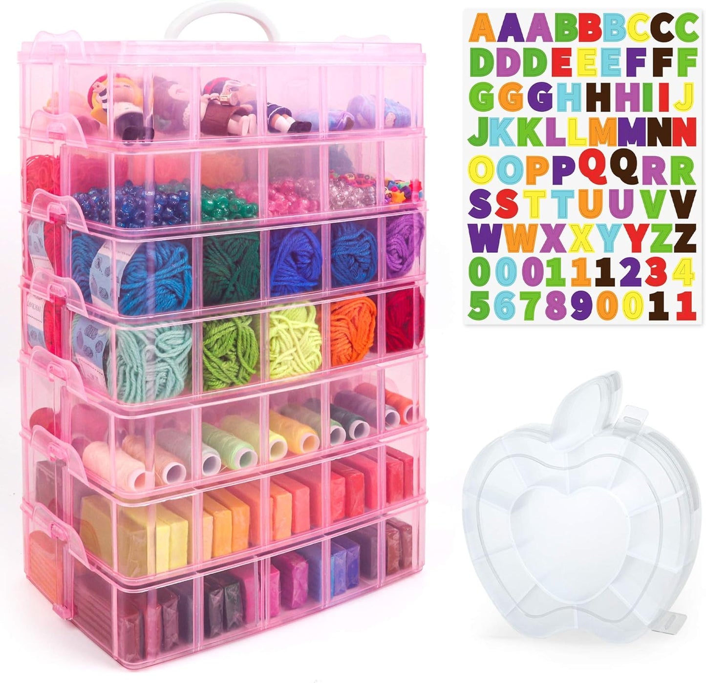 7 Layers Stackable Storage Container, 70 Adjustable Compartments Pink Stackable Storage Container, Suitable for Toys, Art Crafts, Jewelry, Supplies, Mini Case Letter Sticker Included