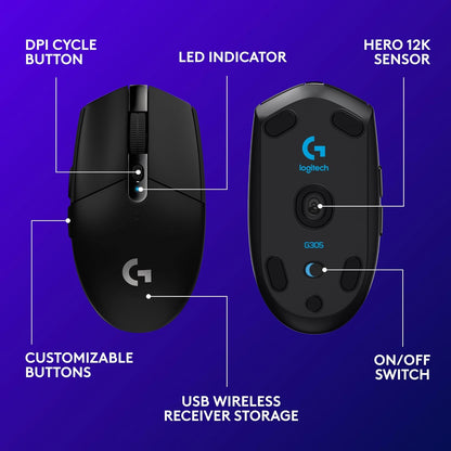 305 Lightspeed Wireless Gaming Mouse, Hero 12K Sensor, 12,000 DPI, Lightweight, 6 Programmable Buttons, 250H Battery Life, On-Board Memory, Pc/Mac - Black