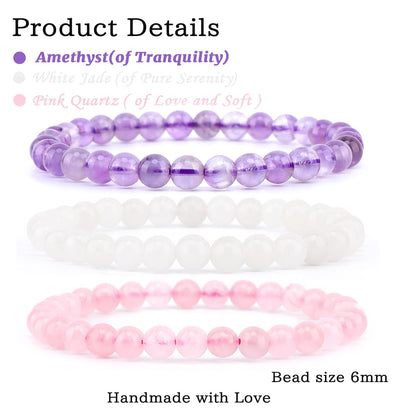 3-Piece 6Mm Natural Crystal Gemstone Stretch Bracelets – ﻿Amethyst, Pink Quartz, White Jade Handmade Reiki Energy Healing Jewelry for Meditation,Yoga, Unisex