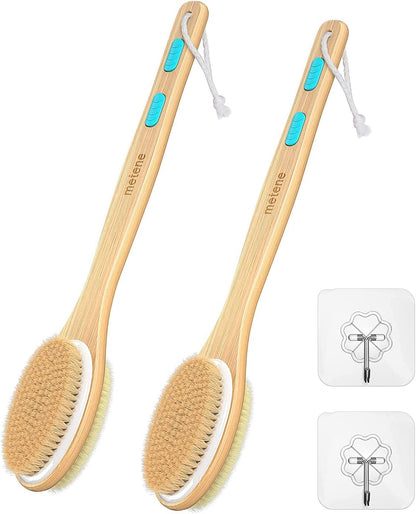 Dual-Sided Shower Brush with Soft and Stiff Bristles, Long Handle Back Scrubber and Body Exfoliator for Wet or Dry Use