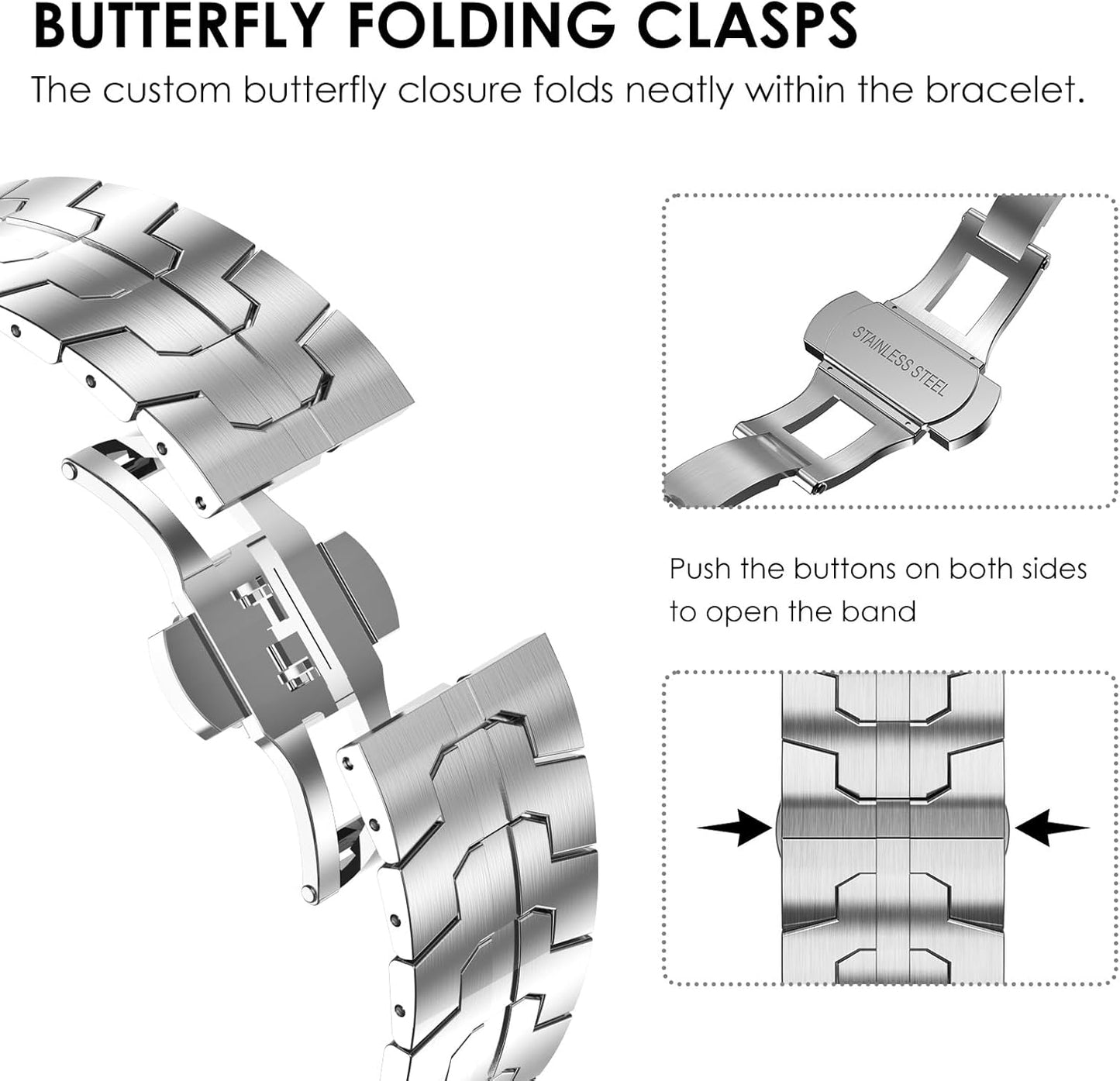 Stainless Steel Band Apple Watch Ultra 49Mm 45Mm 44Mm 42Mm 38Mm 40Mm 41Mm, Metal Strap Folding Clasp Series 8 7 6 5 4 3 2 1 SE Men (Silver, 42Mm), 42Mm/44Mm/45Mm/Ultra