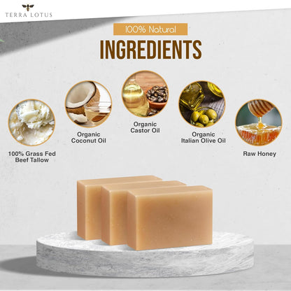 Organic Tallow Soap with Organic Castor Oil & Raw Honey - Relief for Dark Spots, Acne Marks, Hydrating & Nourishing - 3 Pack (Unscented)