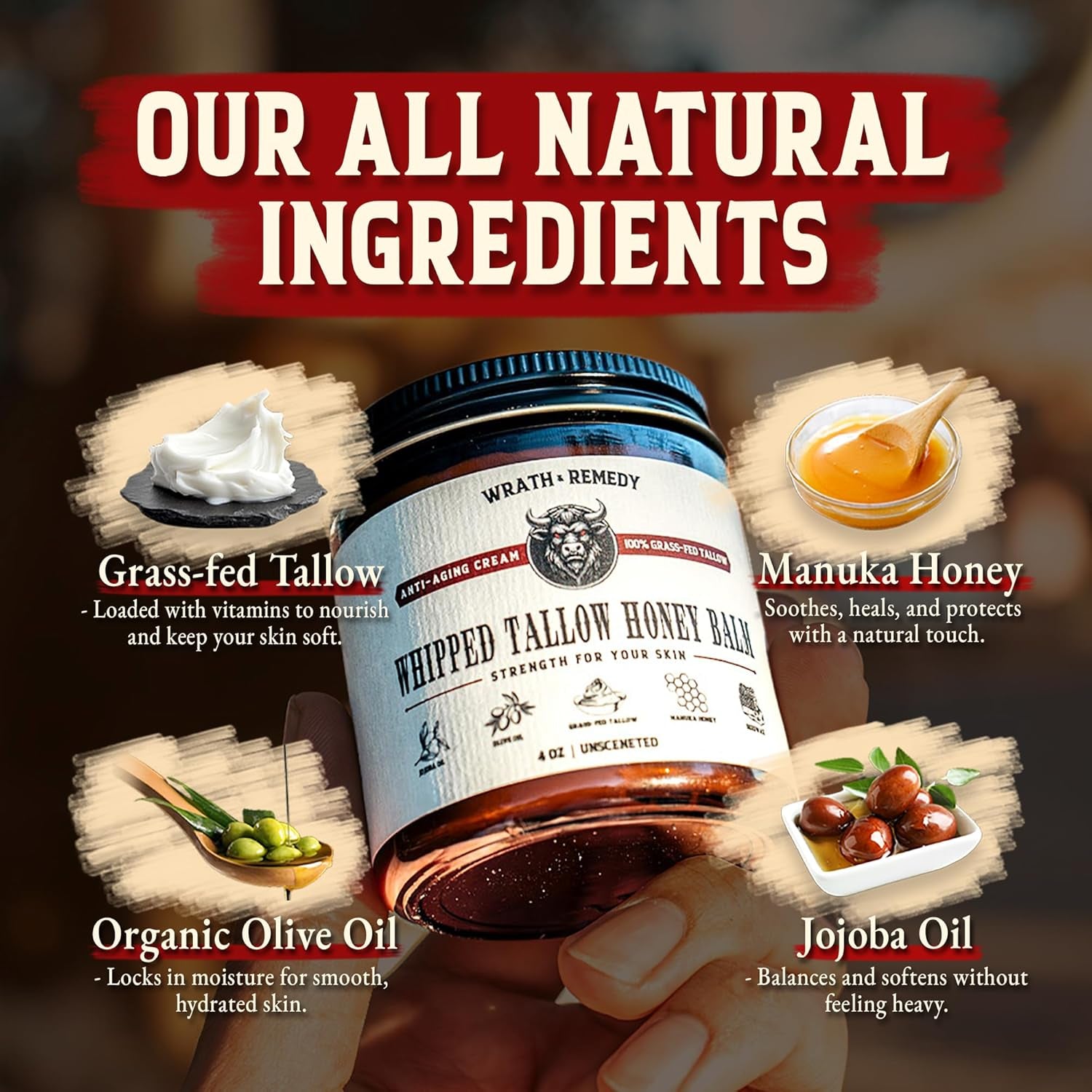 Organic Beef Tallow for Skin - 4 OZ (Unscented) — Grass Fed Beef Tallow for Face + Body — Us-Made Whipped Tallow and Honey Balm Moisturizer for Dry and Sensitive Skin, Eczema, Rosacea (No Additives)