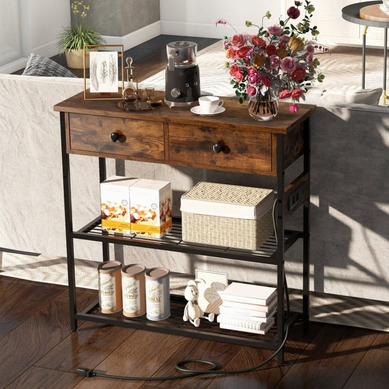 Narrow Console Table Featuring Two Drawers and Dual Metal Mesh Shelves