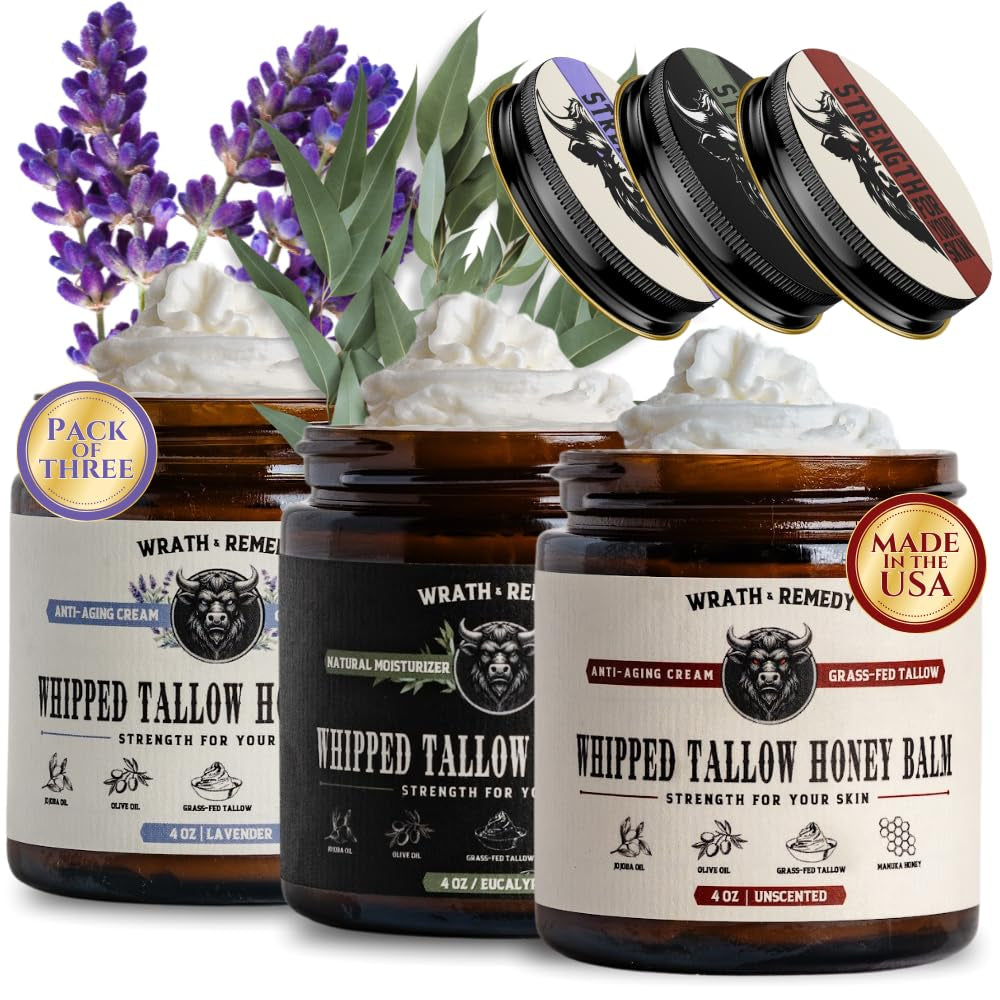 Organic Beef Tallow for Skin - 4 OZ (Unscented) — Grass Fed Beef Tallow for Face + Body — Us-Made Whipped Tallow and Honey Balm Moisturizer for Dry and Sensitive Skin, Eczema, Rosacea (No Additives)