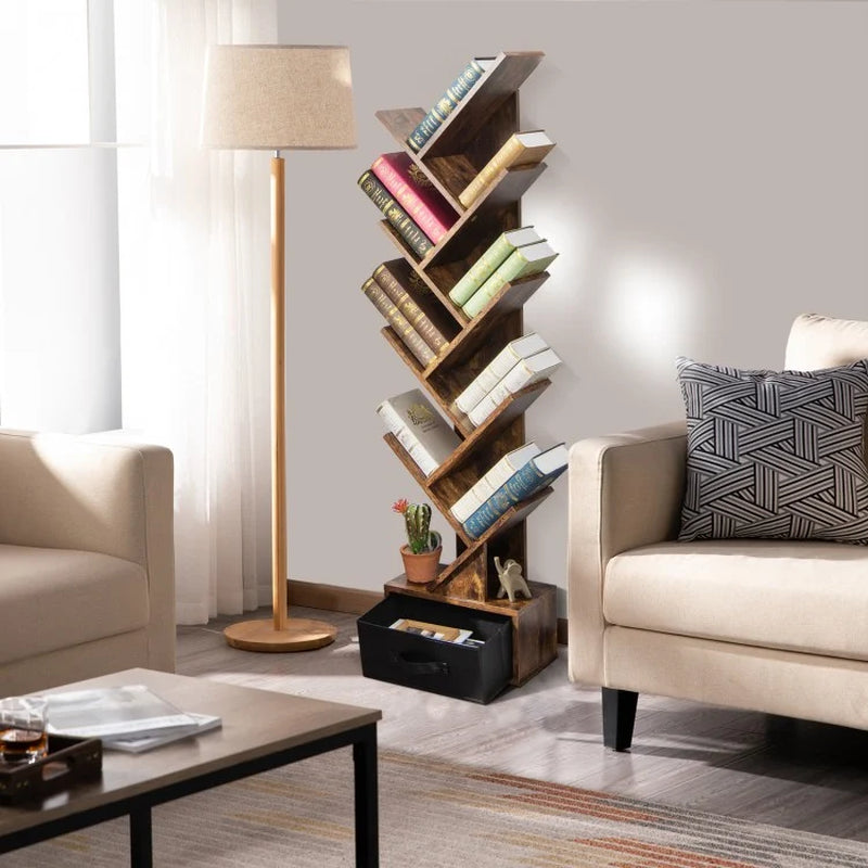 10-Tier Tree Bookshelf with Drawer Free-Standing Storage Bookcase