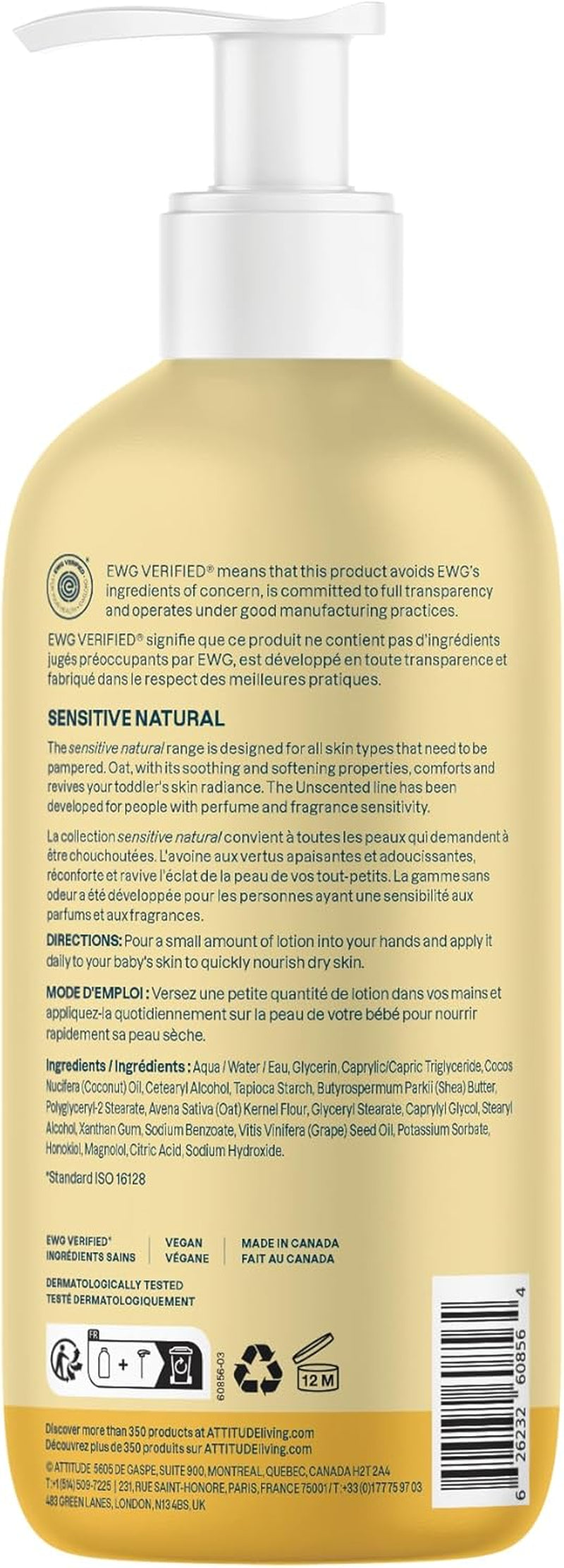 Body Lotion for Baby with Sensitive Skin, Made in Canada, EWG Verified, Plant and Mineral-Based Ingredients, Vegan, Enriched with Oat, Unscented, 473 Ml