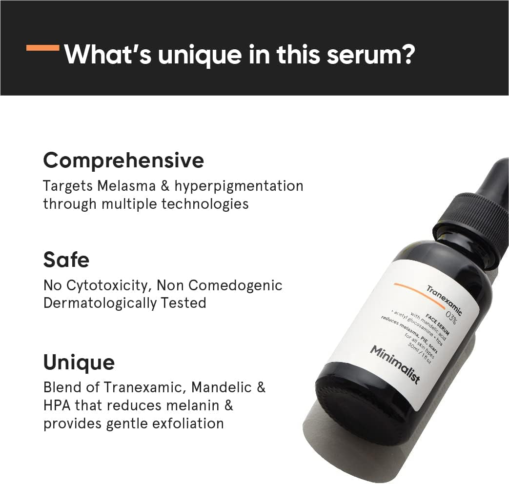 3% Tranexamic Acid Face Serum for Acne Scars, Melasma, Discoloration and Dark Spots |  Fl Oz / 30 ml