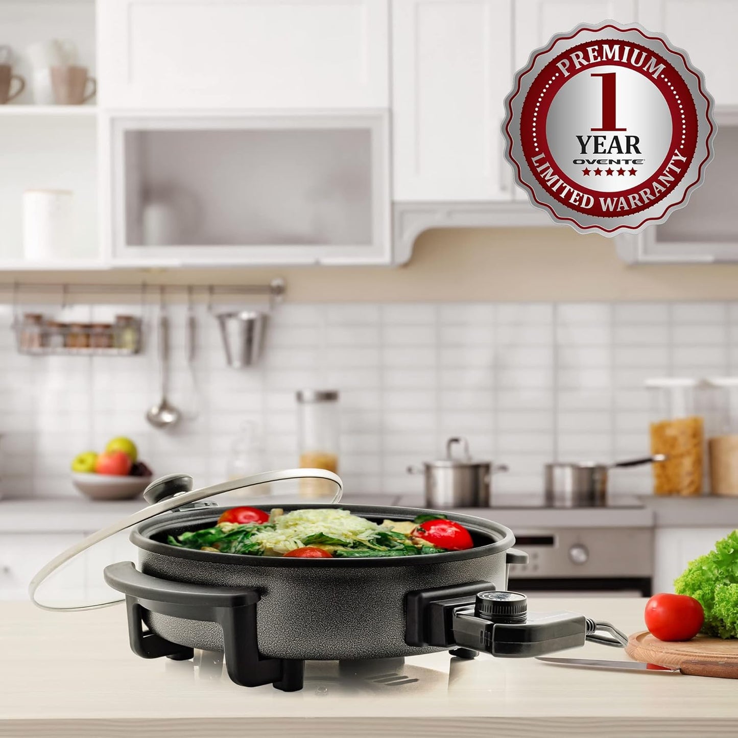 12 Inch Electric Skillet and Frying Pan with Nonstick Coating, 1400W Power, Adjustable Temperature Control, Tempered Glass Lid with Vent and Cool Touch Handles, Black SK11112B