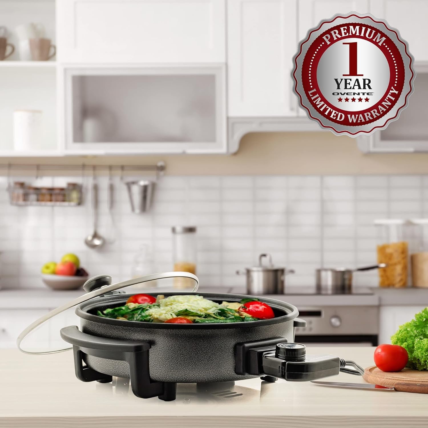 12 Inch Electric Skillet and Frying Pan with Nonstick Coating, 1400W Power, Adjustable Temperature Control, Tempered Glass Lid with Vent and Cool Touch Handles, Black SK11112B
