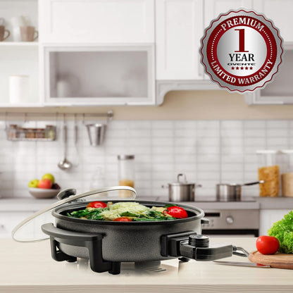 12 Inch Electric Skillet and Frying Pan with Nonstick Coating, 1400W Power, Adjustable Temperature Control, Tempered Glass Lid with Vent and Cool Touch Handles, Black SK11112B