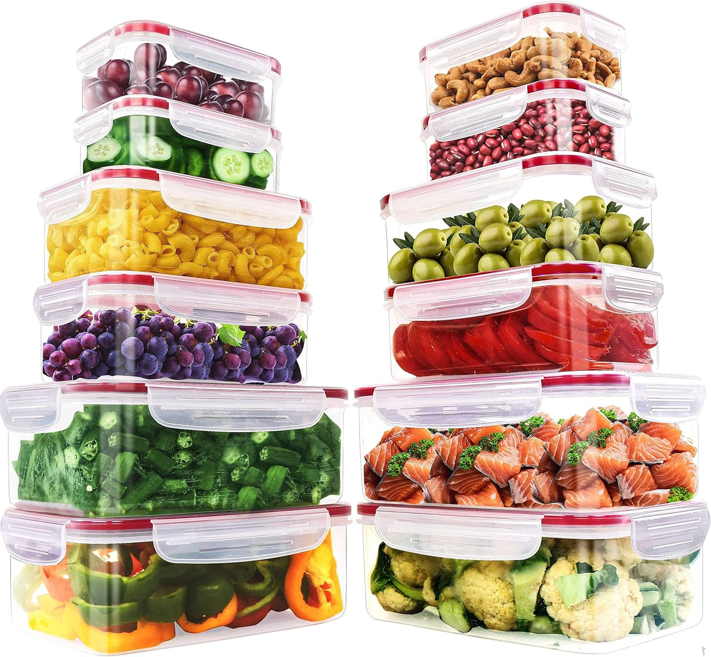 24 Pack Plastic Food Storage Container Set - Transparent Bpa-Free Airtight Containers with Leak-Proof Lids for Meal Prep, Freezer, and Lunch Storage - Durable and Reusable (Red)