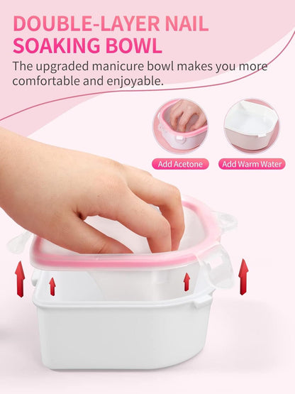 Nail Soaking Bowl Set - Gel Polish and Dip Powder Remover with Triangle Cuticle Peeler and Stainless Steel Cuticle Pusher (Pink)