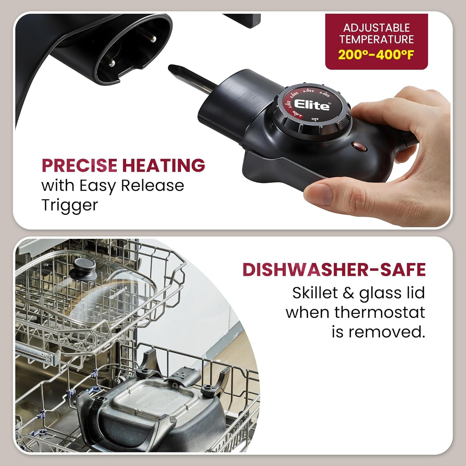 EG6201 Extra Deep 12"X12"X3.2" (7.5Qt.) Scratch Resistant Dishwasher Safe, Non-Stick Electric Skillet with Glass Vented Lid, Adjustable Temperature, Black