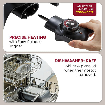 EG6201 Extra Deep 12"X12"X3.2" (7.5Qt.) Scratch Resistant Dishwasher Safe, Non-Stick Electric Skillet with Glass Vented Lid, Adjustable Temperature, Black