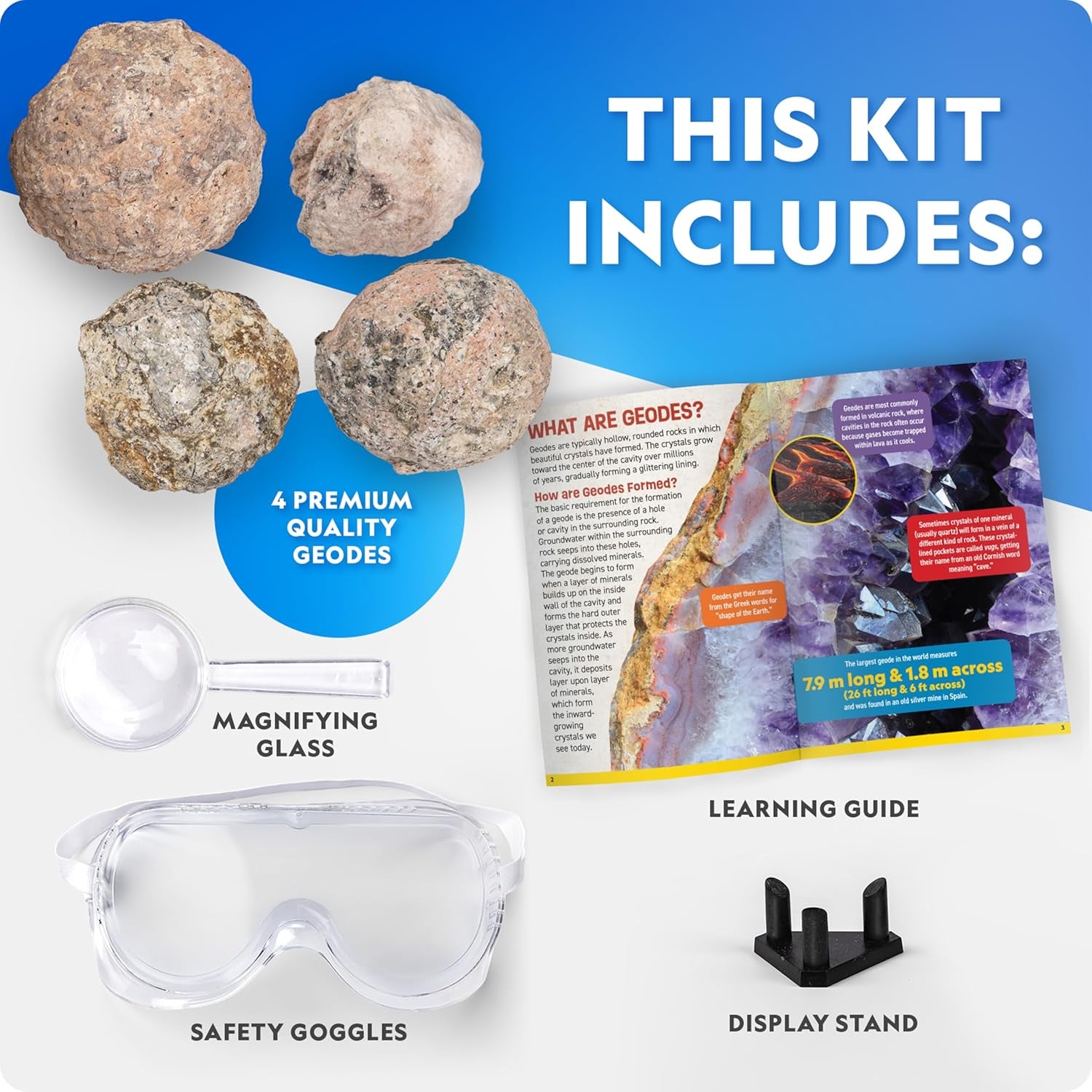National Geographic Break Open 4 Geodes Kit Goggles Stand STEM Science