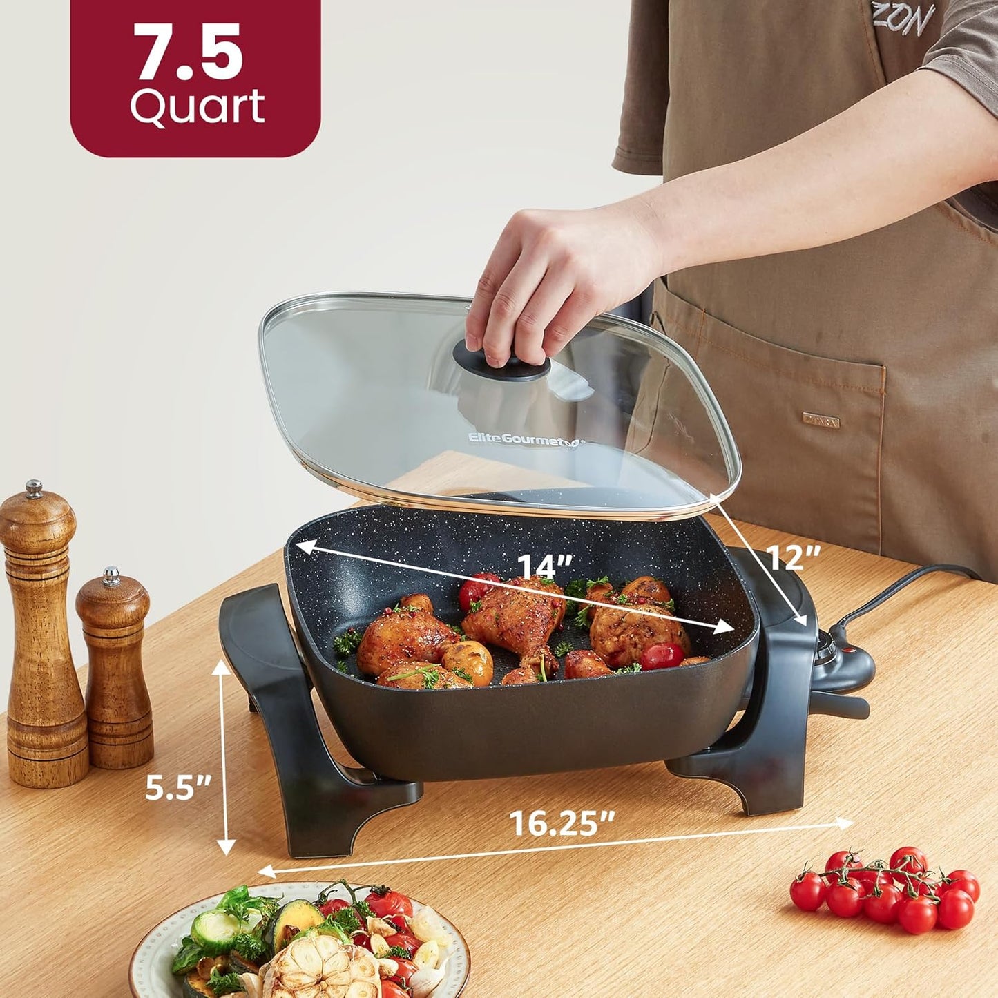 EG6201 Extra Deep 12"X12"X3.2" (7.5Qt.) Scratch Resistant Dishwasher Safe, Non-Stick Electric Skillet with Glass Vented Lid, Adjustable Temperature, Black