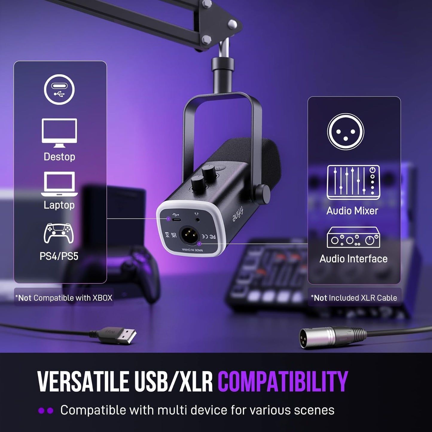 Gaming XLR/USB Microphone Kit, Streaming Dynamic Mic Set for PC, Computer Mic for Vocal Podcast Recording Voiceover, with Headphones Jack, Gain Knob, Arm Stand-Ampligame AM8T White