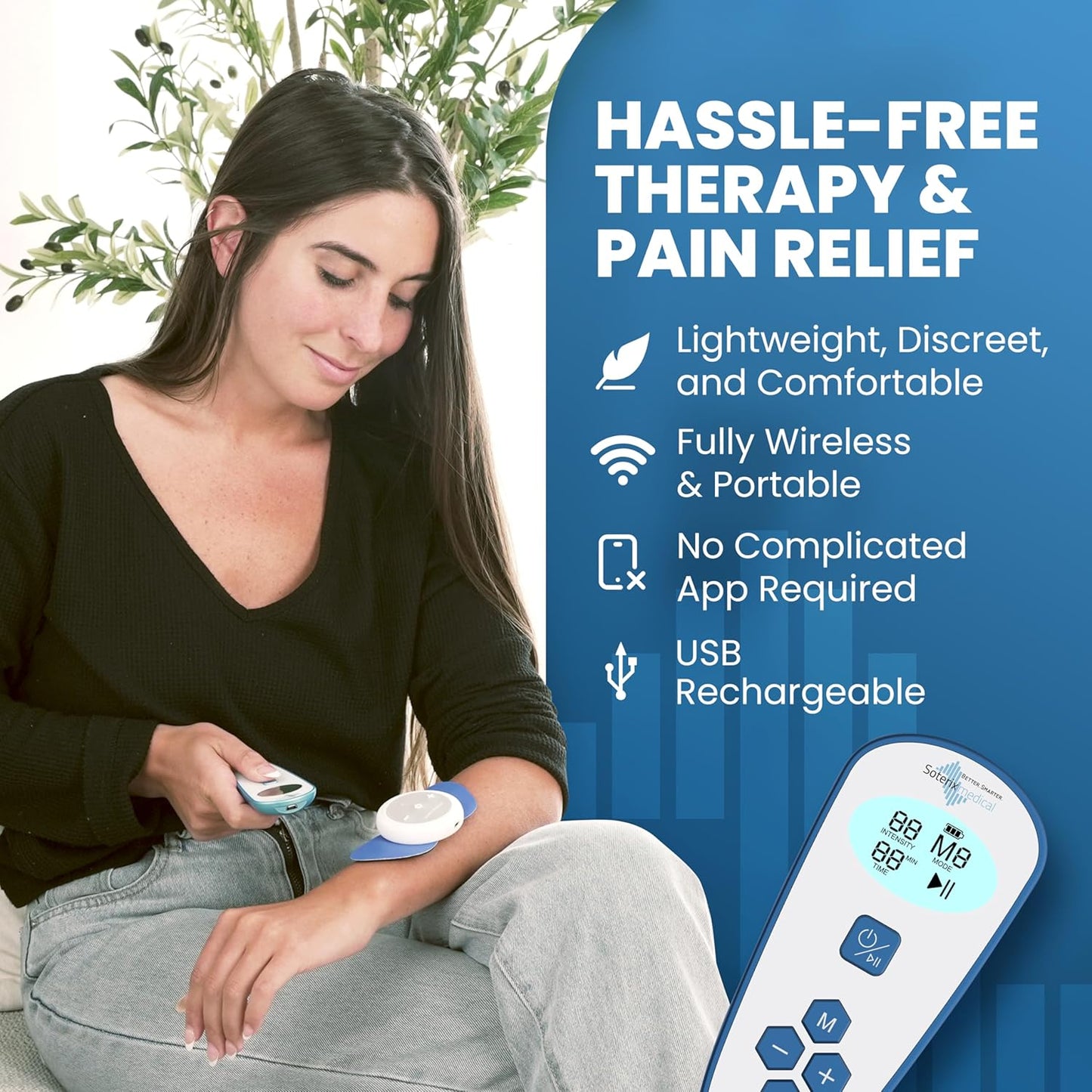 Painx TENS Wireless Tens Unit Muscle Stimulator with EMS - FSA Tens Unit for Back Pain, Knee, Neck and Face with USB Rechargeable Device and Remote, Designed in USA, 4 Electrode Pads