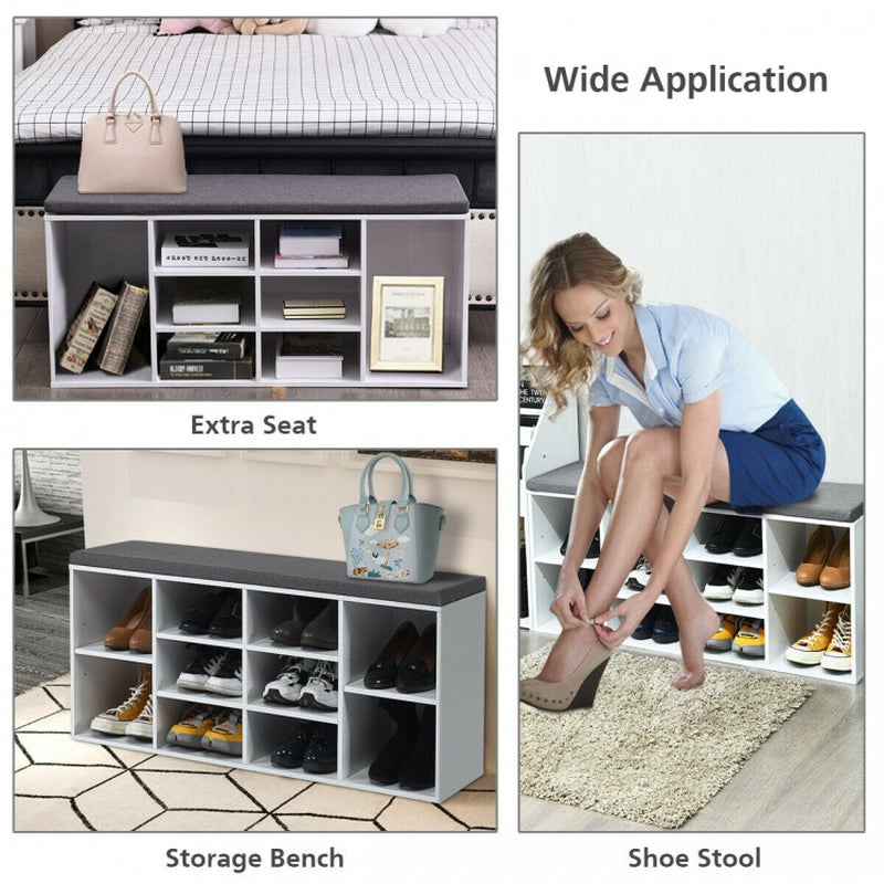 10-Cube Shoe Storage Bench with Cushion for Entryway Organization