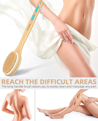 Dual-Sided Shower Brush with Soft and Stiff Bristles, Long Handle Back Scrubber and Body Exfoliator for Wet or Dry Use