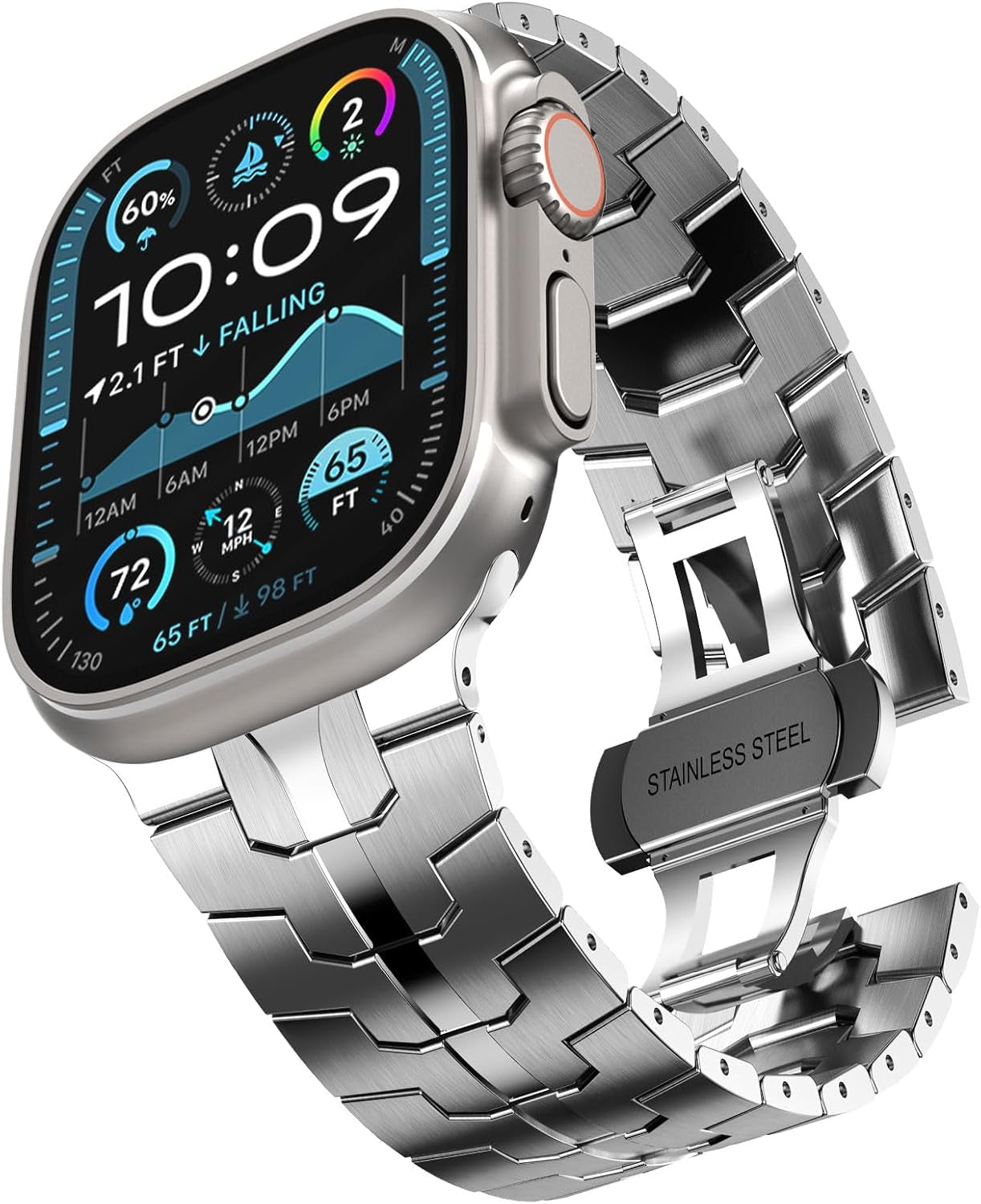 Stainless Steel Band Apple Watch Ultra 49Mm 45Mm 44Mm 42Mm 38Mm 40Mm 41Mm, Metal Strap Folding Clasp Series 8 7 6 5 4 3 2 1 SE Men (Silver, 42Mm), 42Mm/44Mm/45Mm/Ultra