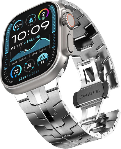 Stainless Steel Band Apple Watch Ultra 49Mm 45Mm 44Mm 42Mm 38Mm 40Mm 41Mm, Metal Strap Folding Clasp Series 8 7 6 5 4 3 2 1 SE Men (Silver, 42Mm), 42Mm/44Mm/45Mm/Ultra
