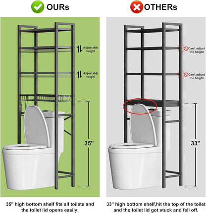 Over-The-Toilet Storage Rack, 4-Tier Bathroom Organizer Shelf over Toilet with Adjustable Shelf and Basket, Freestanding Space Saver Bathroom Shelves above Toilet for Room(Pure Black)