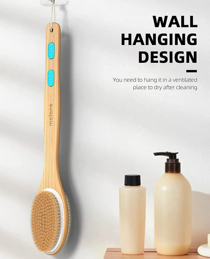 Dual-Sided Shower Brush with Soft and Stiff Bristles, Long Handle Back Scrubber and Body Exfoliator for Wet or Dry Use
