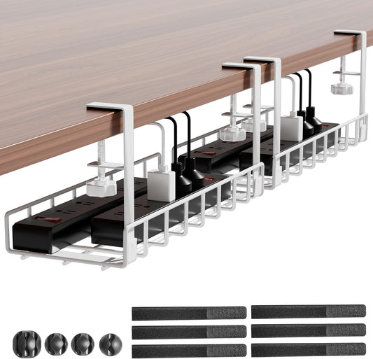Under Desk Cable Management Tray 2 Pack,  Wire Management No Drill No Screws, Cable Tray with Clamp for Desk Wire Management, Computer Cable Rack for Office, Home - No Damage to Desk White